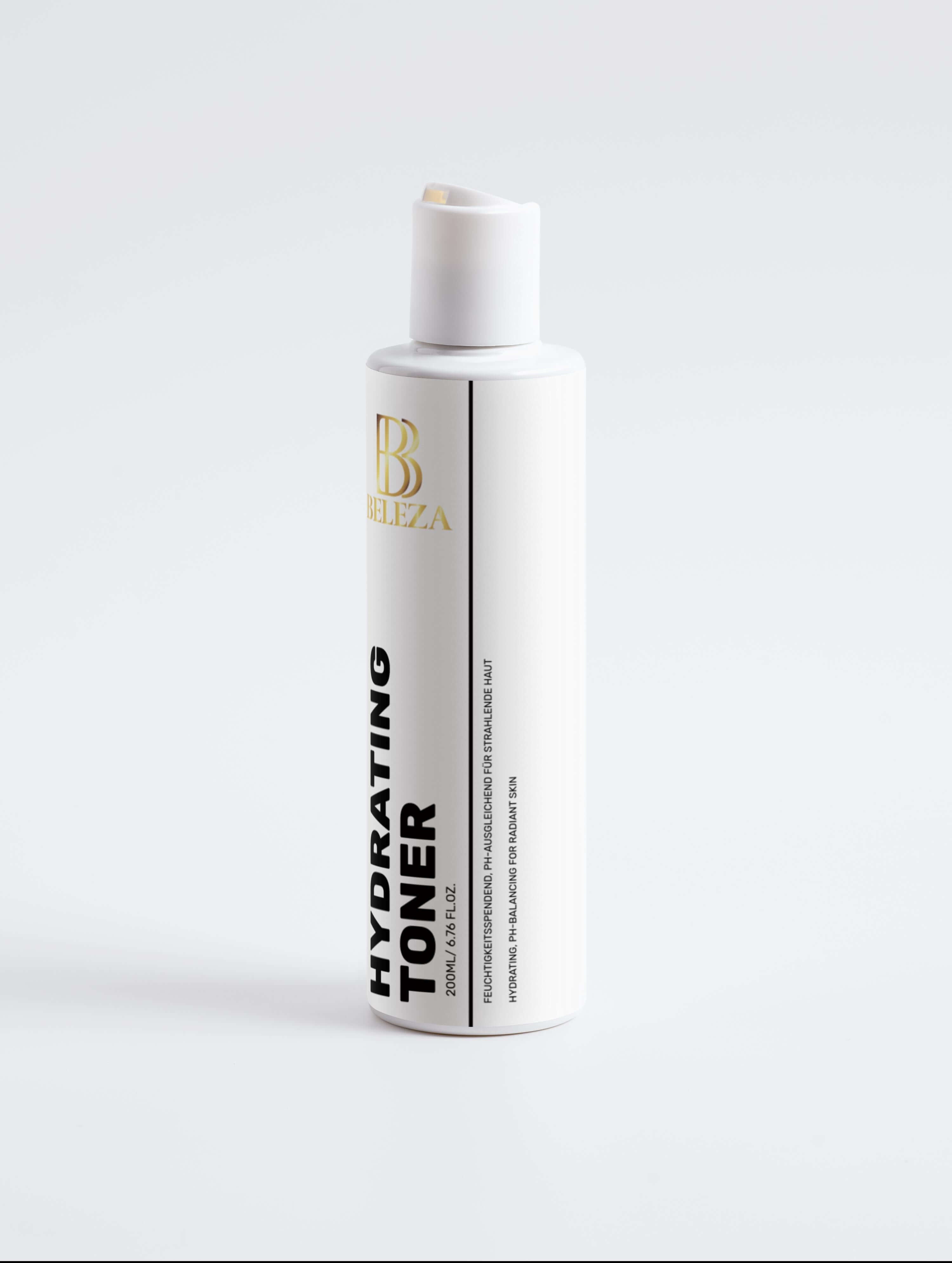 Hydrating Toner bottle with a sleek design, enriched with rose water and hyaluronic acid for skin hydration.
