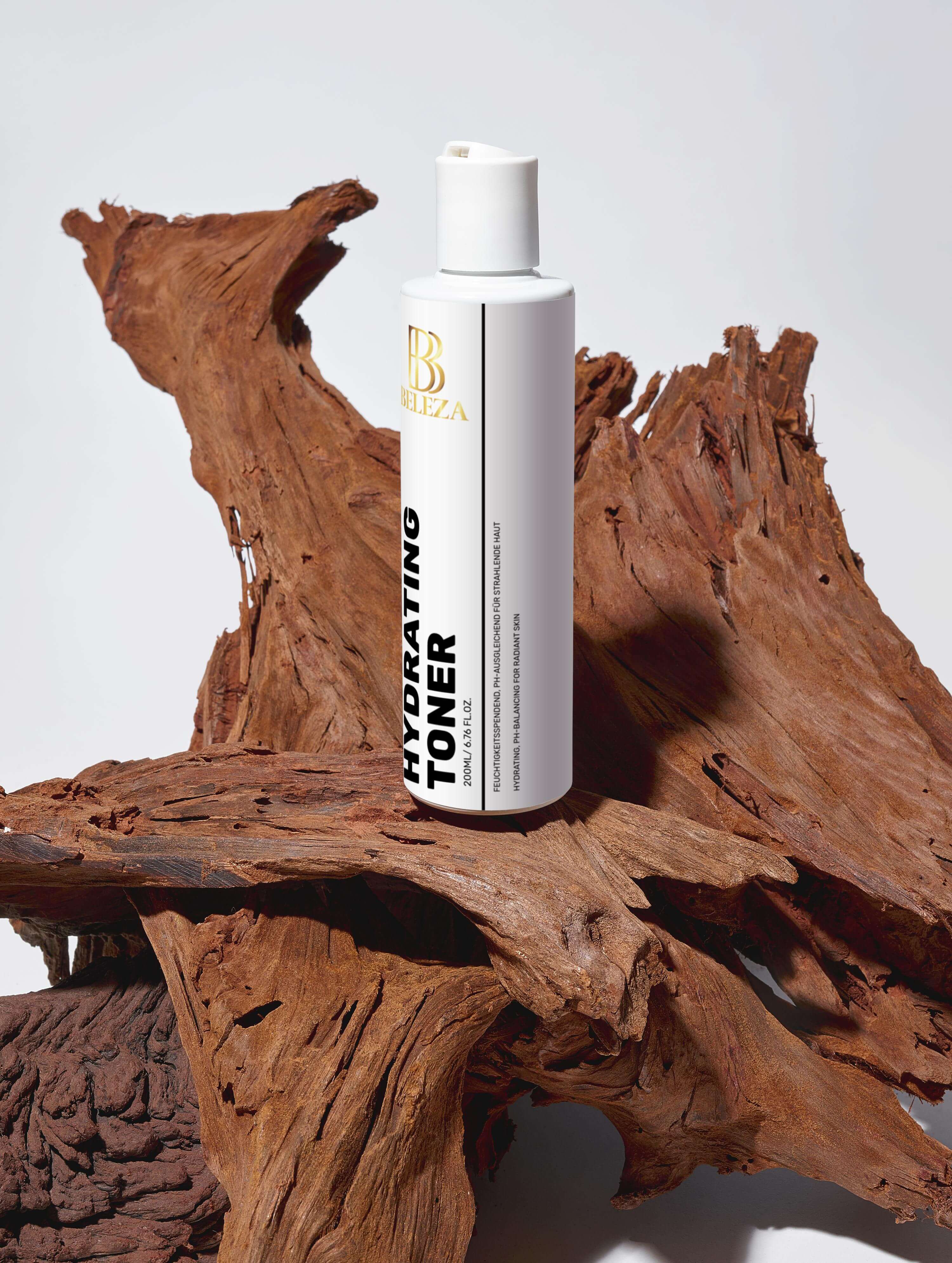 Hydrating Toner bottle on rustic wooden surface for skin hydration and pH balance.