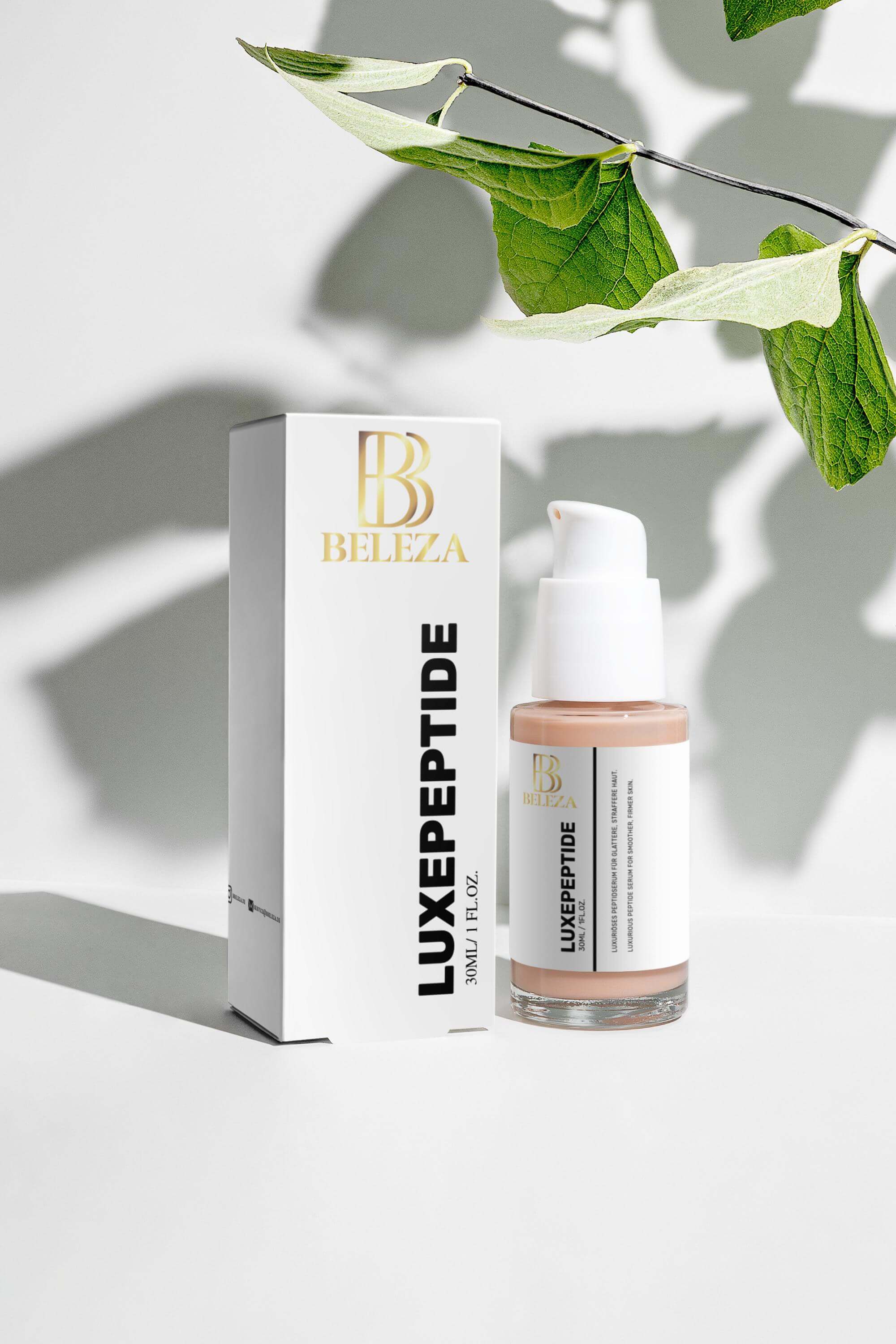 Luxepeptide anti-aging serum in a stylish packaging with natural leaf background, promoting skin elasticity and reducing wrinkles.