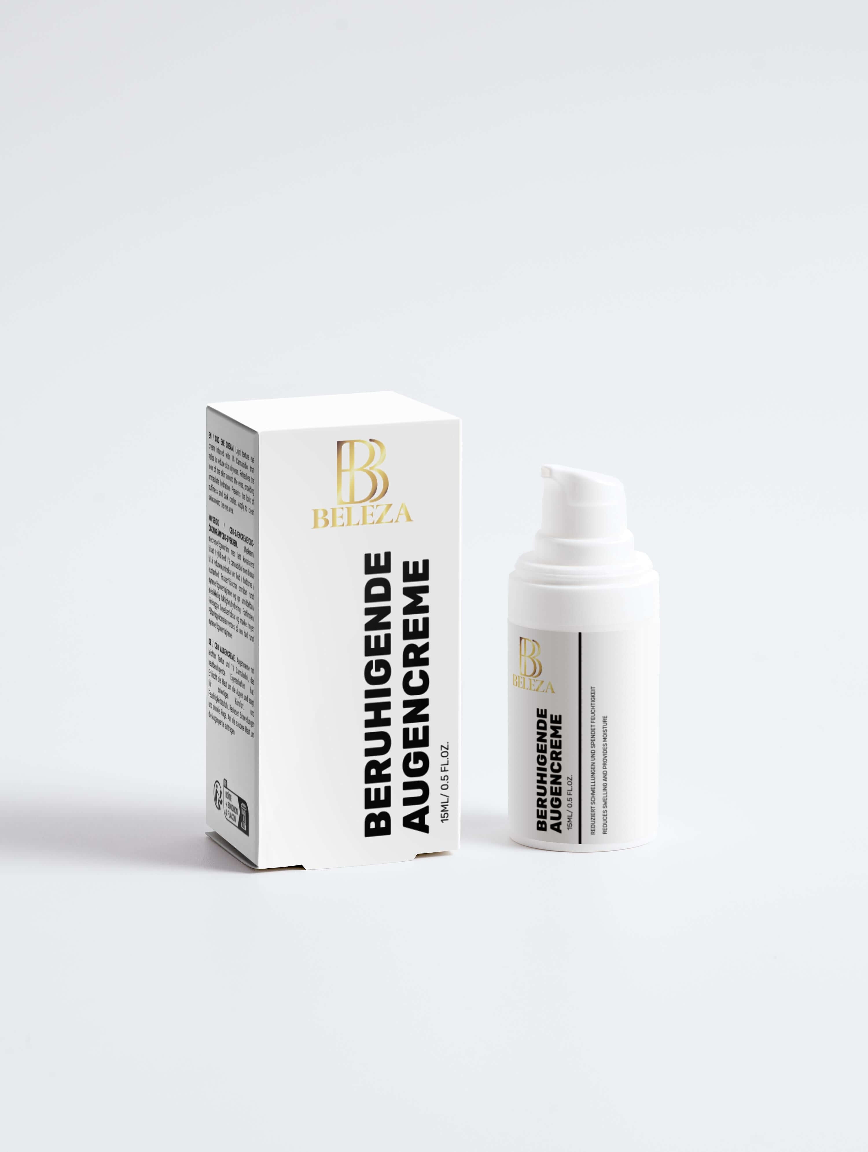 Beruhigende Augencreme mit 1% Cannabidiol in einer Spenderflasche und Verpackung auf hellem Hintergrund.