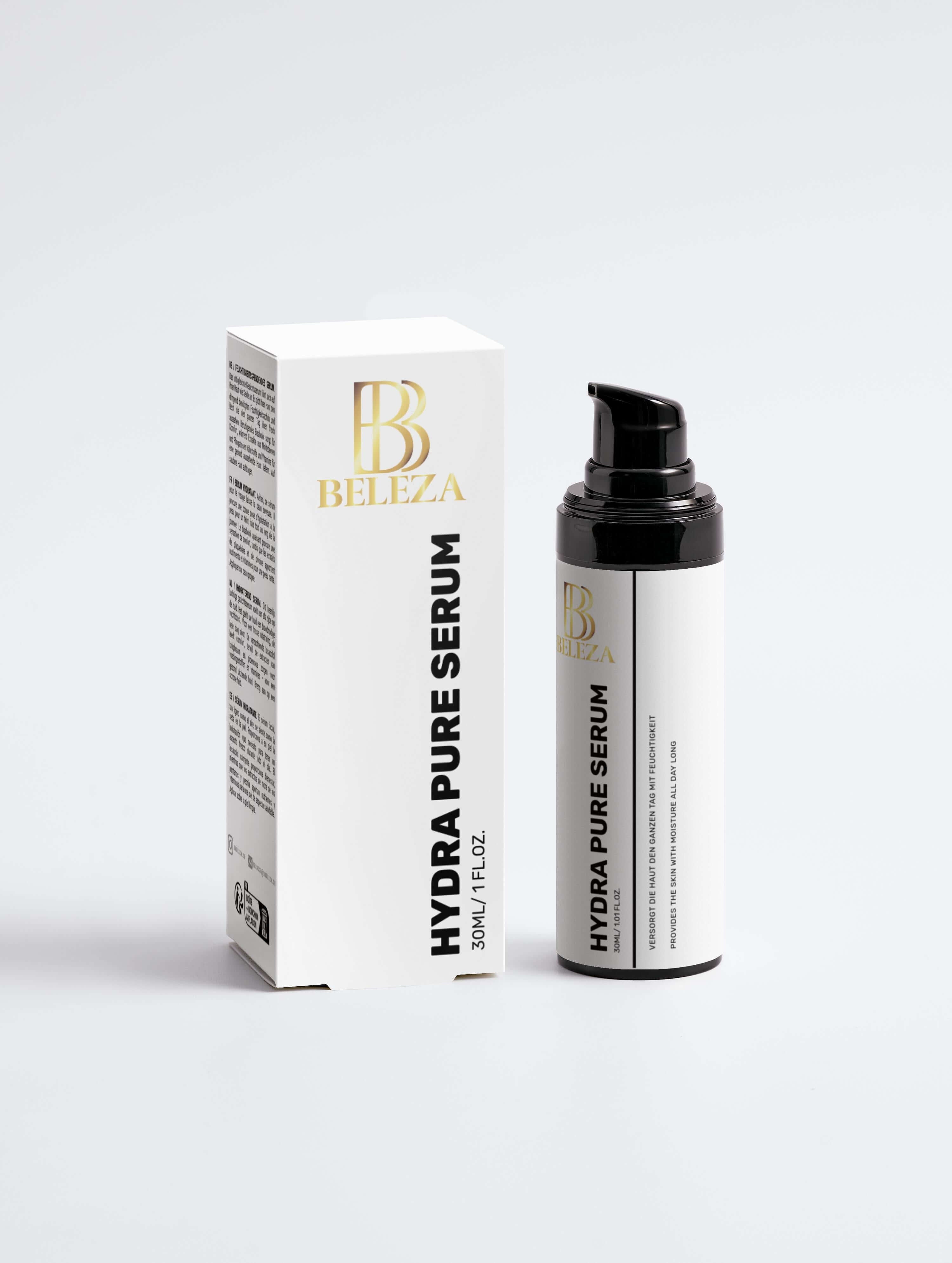 Hydra Pure Serum by Belezza in packaging, designed for hydrating and refreshing skin all day.