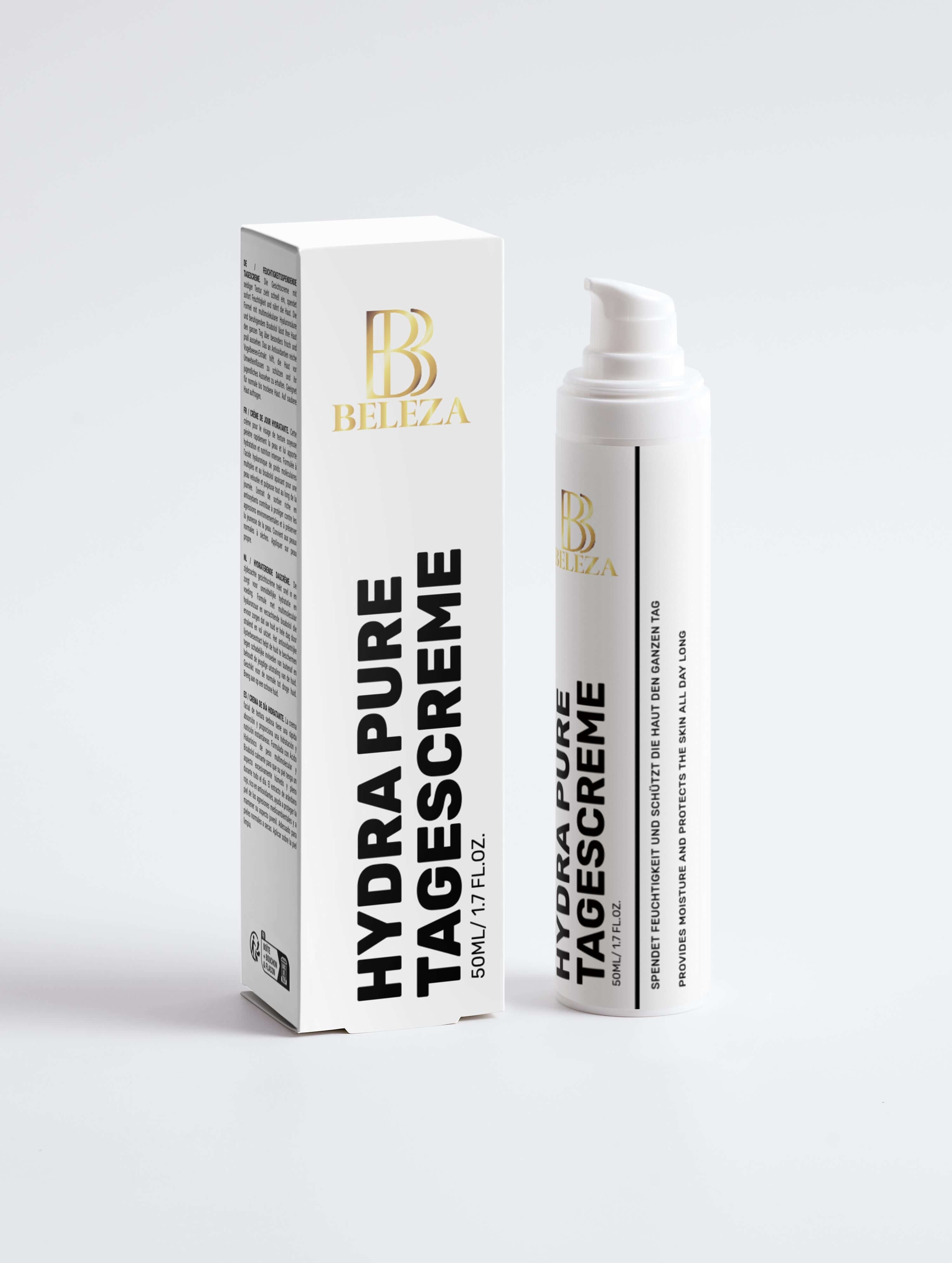 Hydra Pure Tagescreme packaging and bottle, promoting hydration and youthful skin