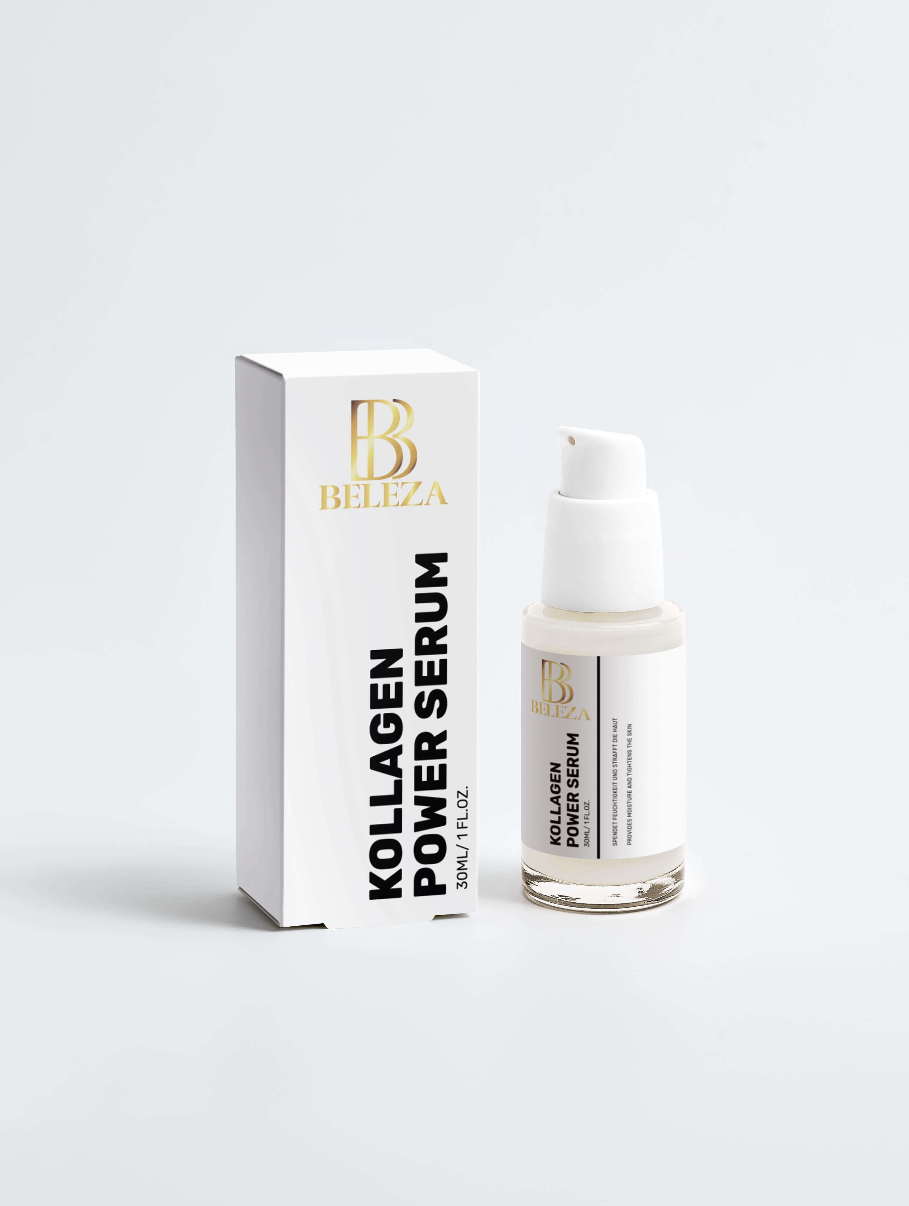 Kollagen Power Serum von Belezza in Flasche mit Verpackung für straffe und glatte Hautpflege.