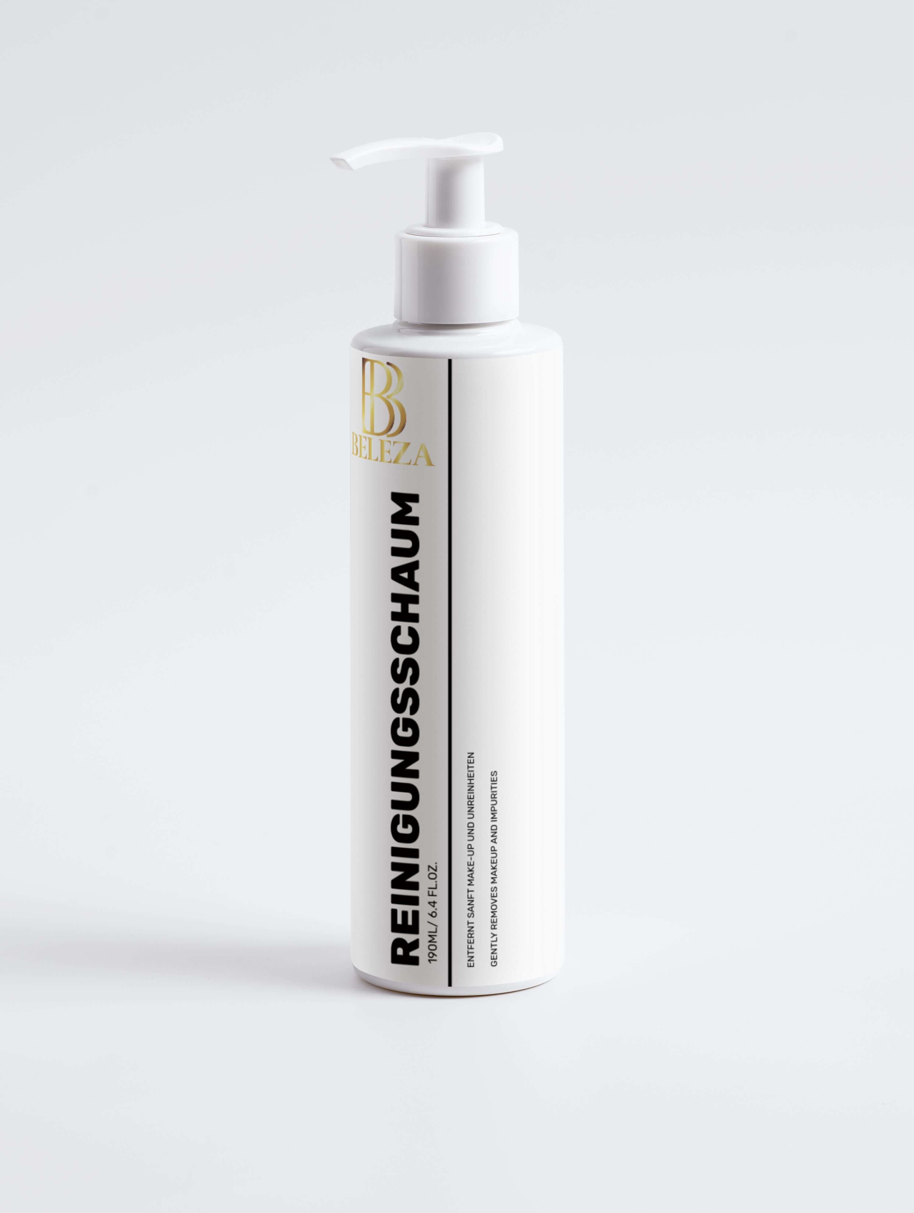 Sanfter Reinigungsschaum in weißer Flasche mit Spender für frische, gereinigte Haut.
